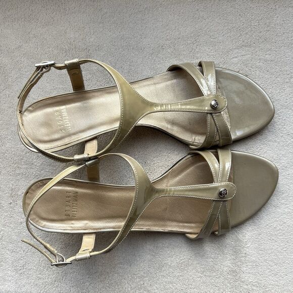 Stuart Weitzman Beige Patent Leather T-Strap Heeled Sandal Women 9 M Neutral - Picture 7 of 16